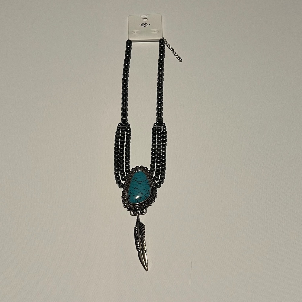 Southwestern Multi Strand Faux Turquoise Feather Pendant Necklace Silver Tone